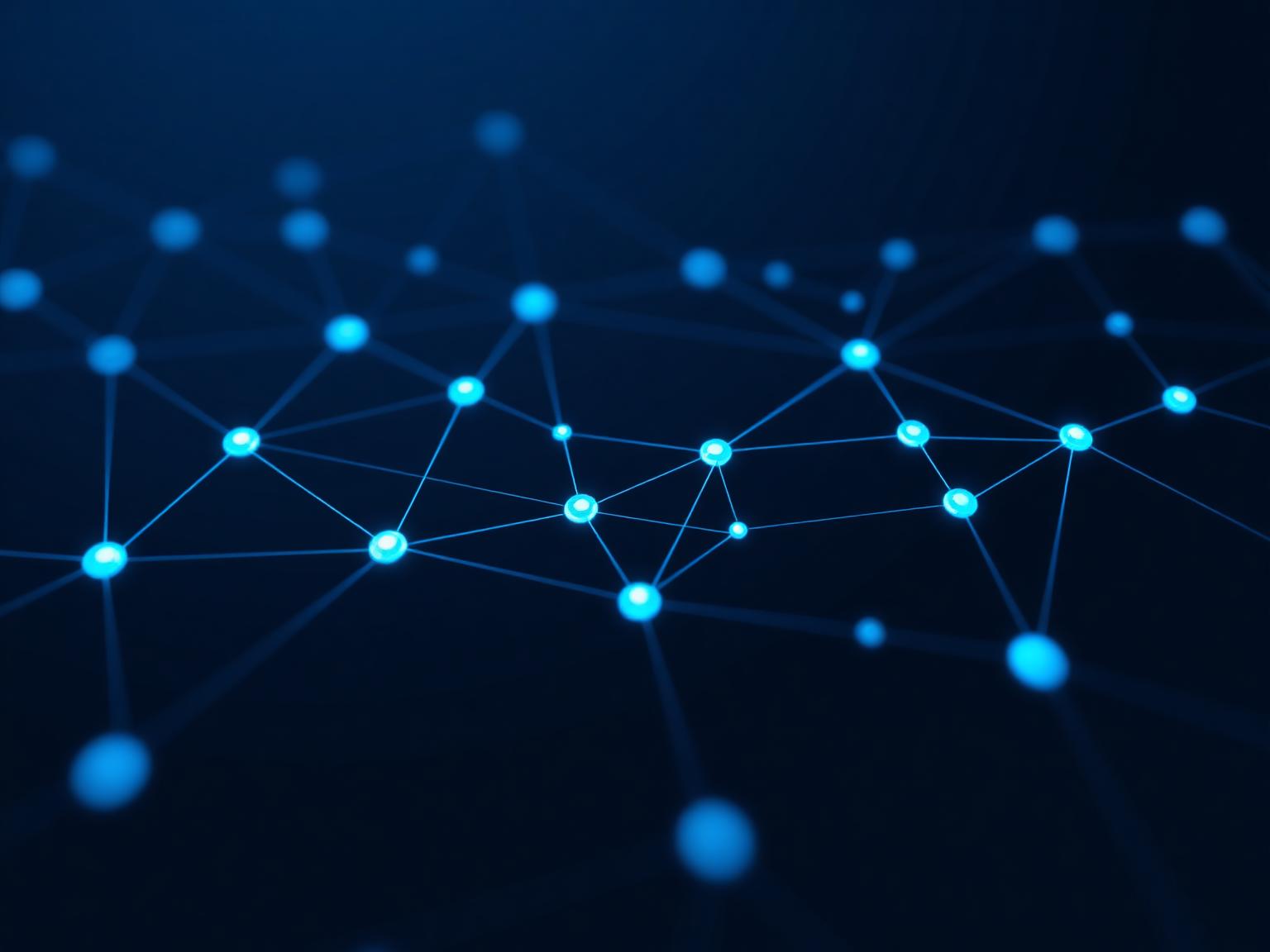 Abstract AI workflow network visualization with glowing nodes